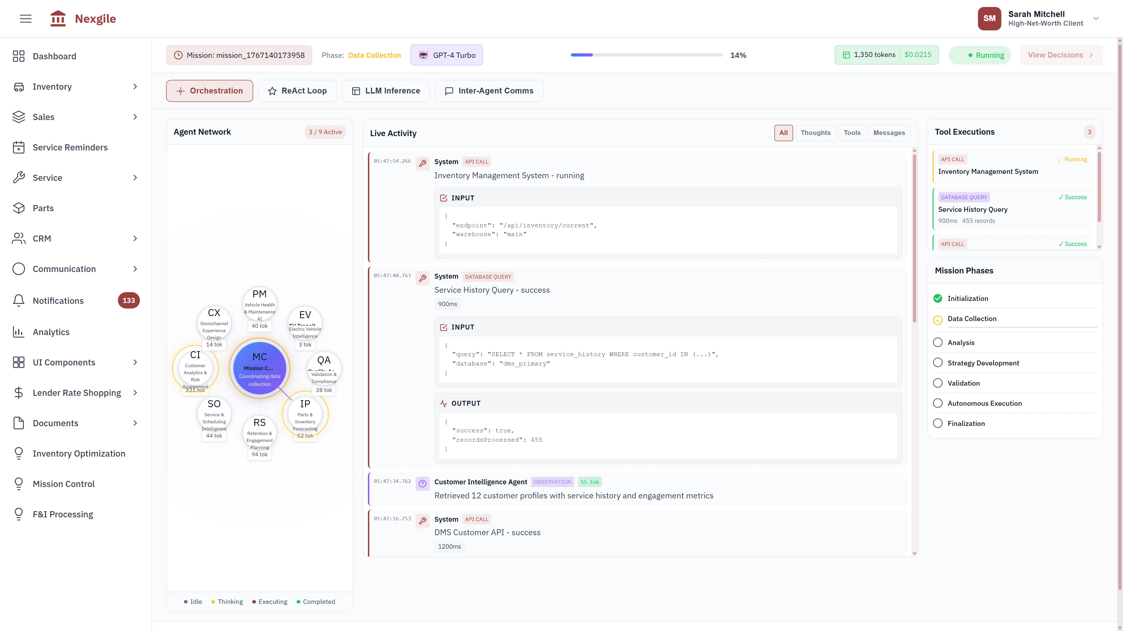 Agent Network Orchestration - Live activity stream with multi-agent collaboration, tool executions, and mission phase tracking